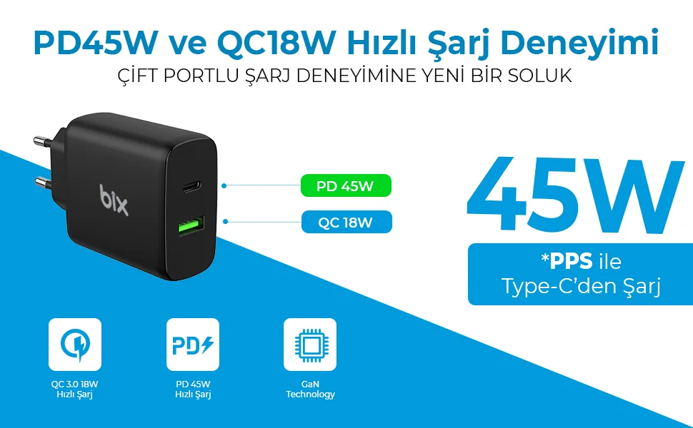 Bix BX2P45G GaN PD 45W Type-C + USB-A QC 18W Hızlı Şarj Cihazı