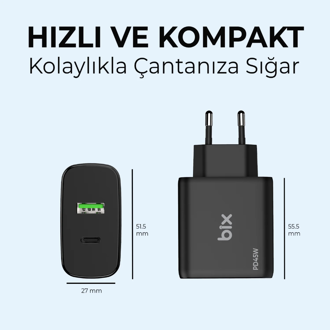 Bix BX2P45G GaN PD 45W Type-C + USB-A QC 18W Hızlı Şarj Cihazı
