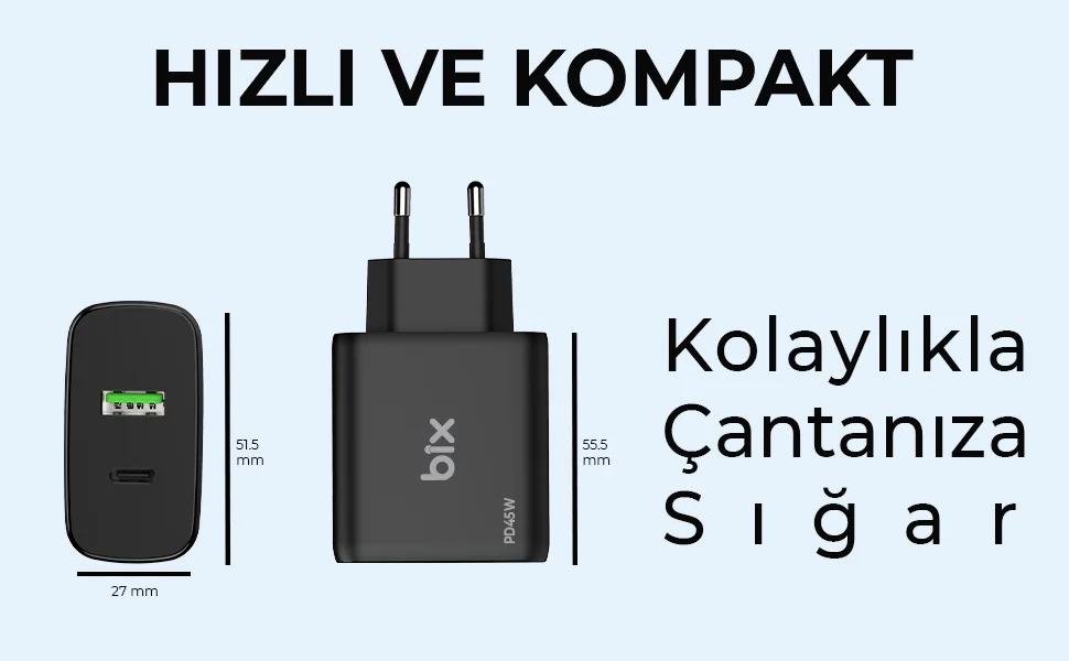Bix BX2P45G GaN PD 45W Type-C + USB-A QC 18W Hızlı Şarj Cihazı