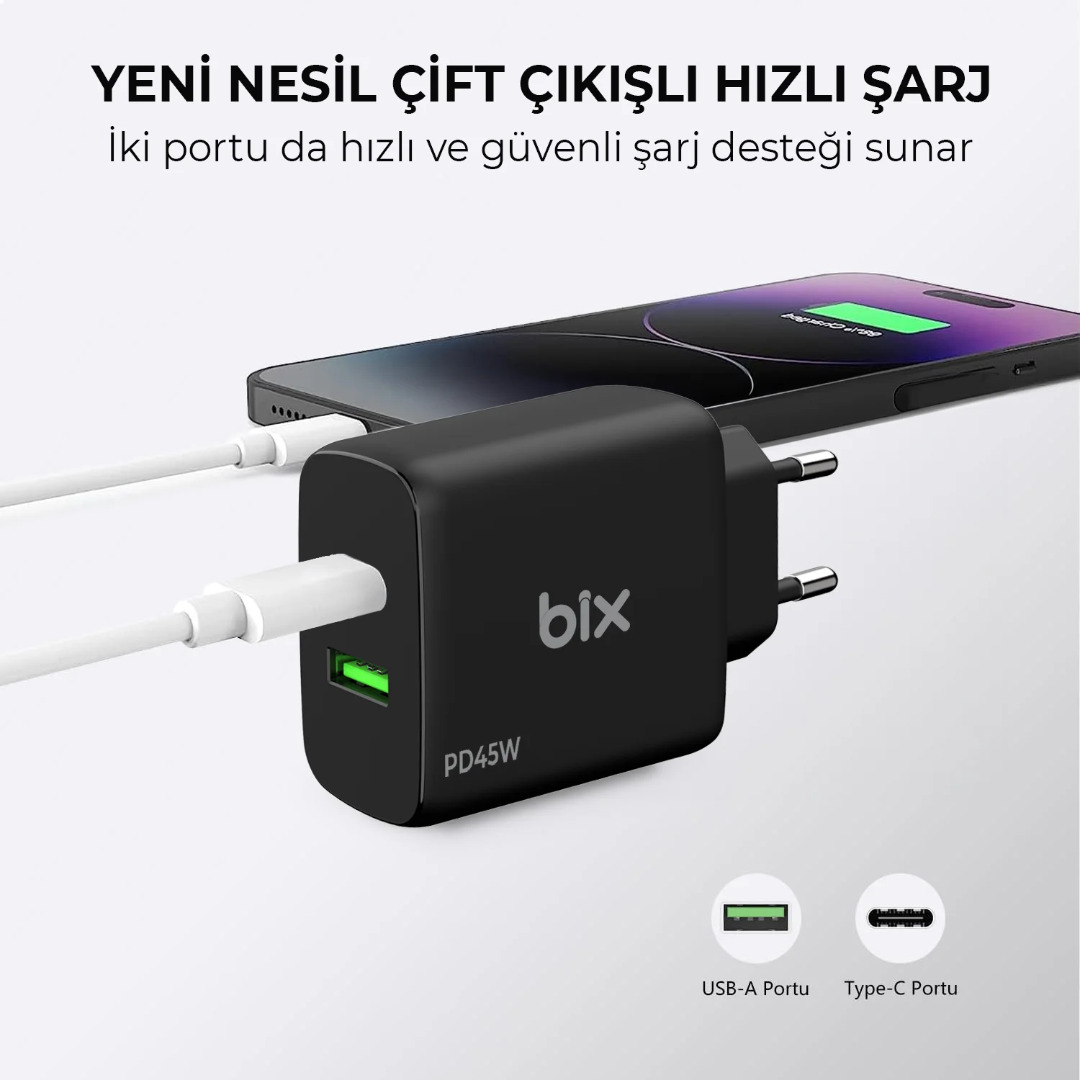 Bix BX2P45G GaN PD 45W Type-C + USB-A QC 18W Hızlı Şarj Cihazı