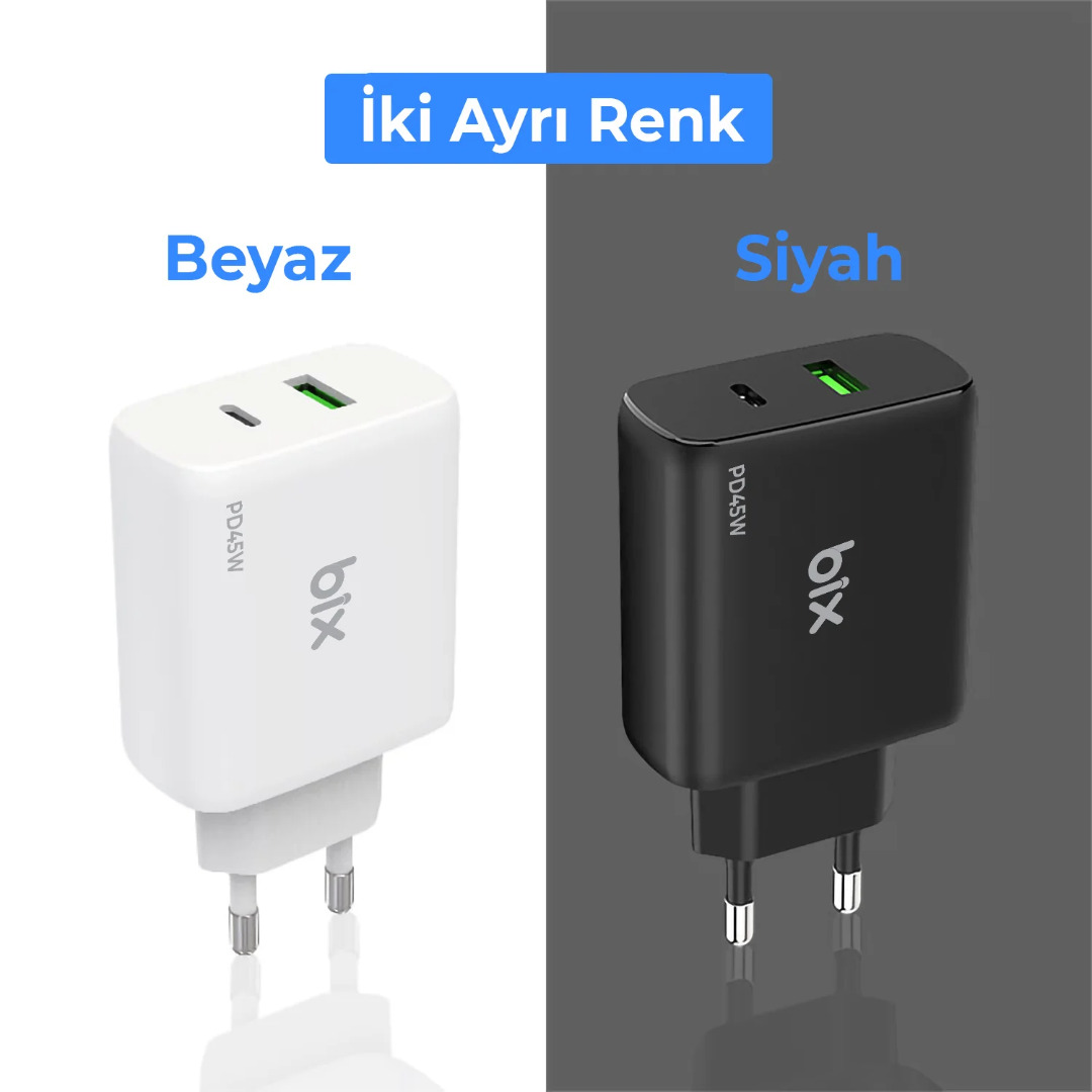 Bix BX2P45G GaN PD 45W Type-C + USB-A QC 18W Hızlı Şarj Cihazı