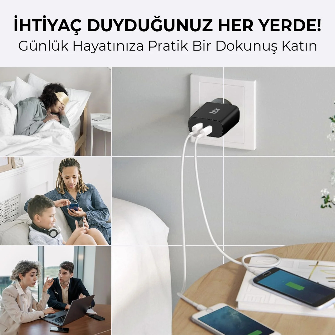 Bix BX2P45G GaN PD 45W Type-C + USB-A QC 18W Hızlı Şarj Cihazı