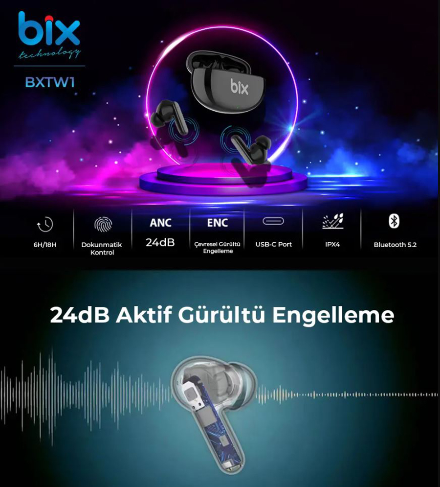 Bix BXTW1 Soundcraft TWS ANC Aktif Gürültü Önleyici Bluetooth 5.2 Ipx4 Kulak İçi Kulaklık
