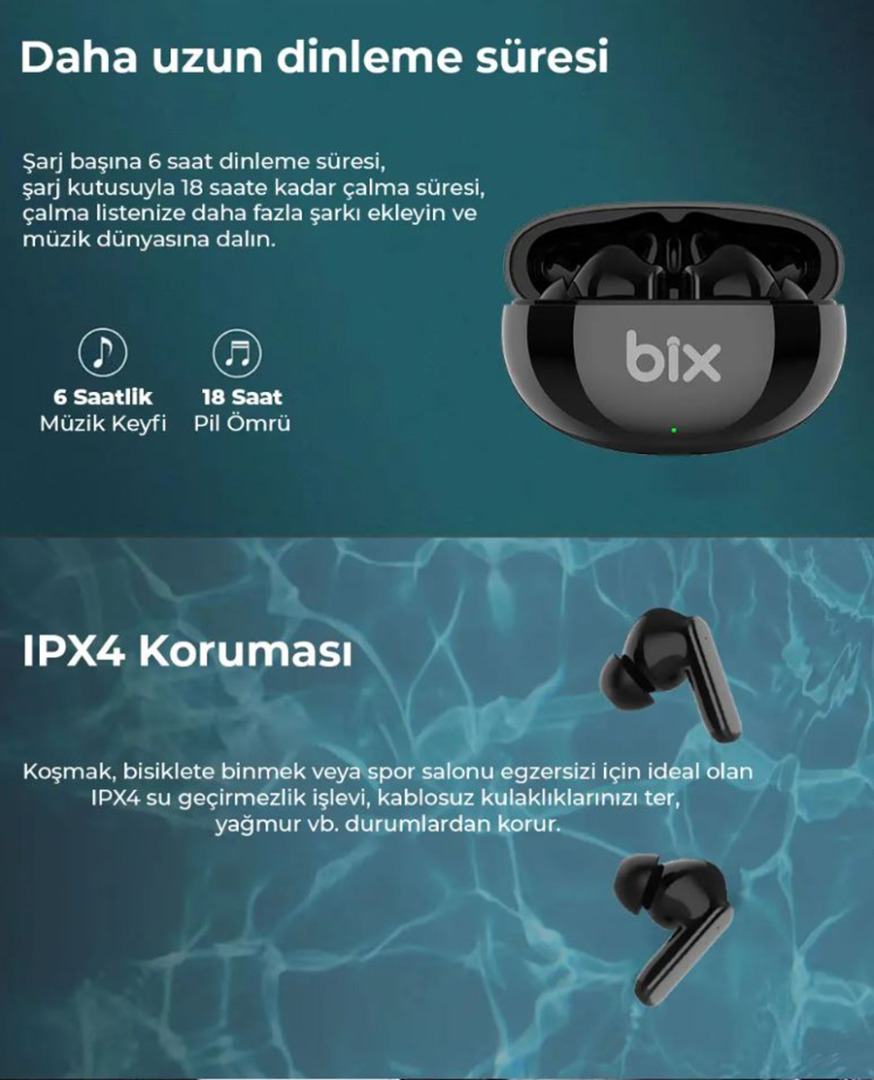 Bix BXTW1 Soundcraft TWS ANC Aktif Gürültü Önleyici Bluetooth 5.2 Ipx4 Kulak İçi Kulaklık