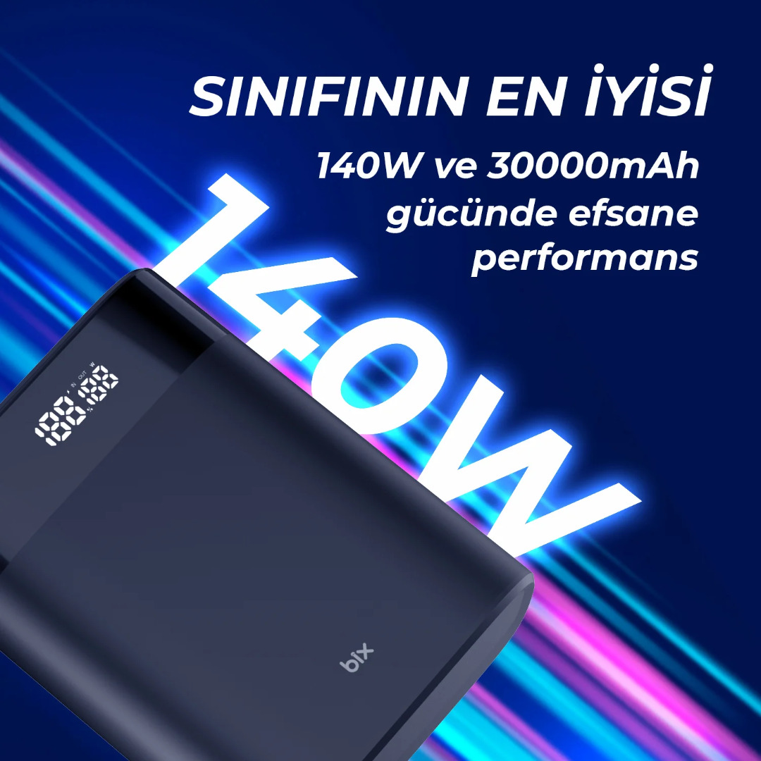 PB140W 30000mAh 140W 2*Type-C PD ve USB-A SCP 22.5W QC 3.0 18W Hızlı Şarj Üç Çıkışlı Dijital Ekranlı Powerbank