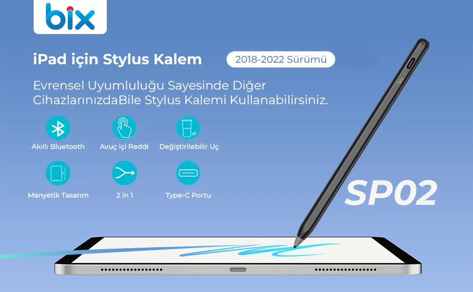 SP02B Universal Android ve iPad Tablet Uyumlu Dokunmatik Bluetooth Stylus Yazı ve Çizim Kalemi Siyah