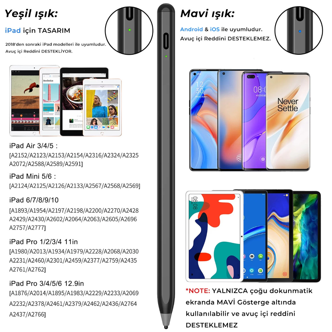 SP02B Universal Android ve iPad Tablet Uyumlu Dokunmatik Bluetooth Stylus Yazı ve Çizim Kalemi Siyah