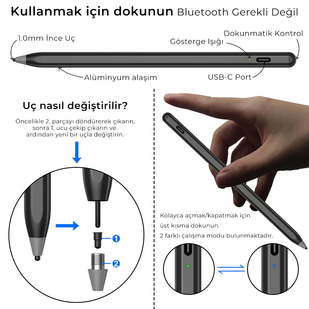 SP02B Universal Android ve iPad Tablet Uyumlu Dokunmatik Bluetooth Stylus Yazı ve Çizim Kalemi Siyah