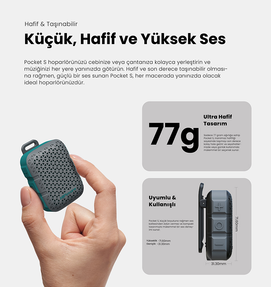 HiFuture Pocket S Kablosuz Bluetooth 5.4 IPX7 Su Geçirmez 5W TWS Taşınabilir Mini Hoparlör