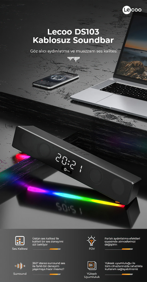 Lecoo DS103 Kablosuz Bluetooth 10W RGB Saat/Alarm Stereo Soundbar Hoparlör Siyah