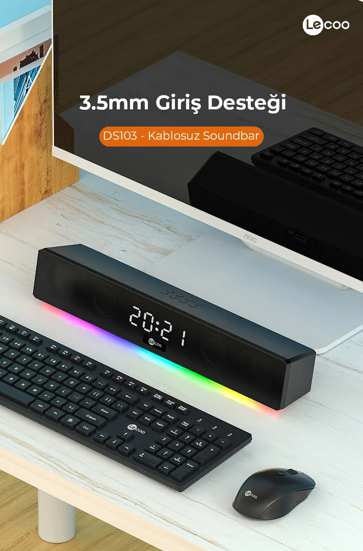 Lecoo DS103 Kablosuz Bluetooth 10W RGB Saat/Alarm Stereo Soundbar Hoparlör Siyah