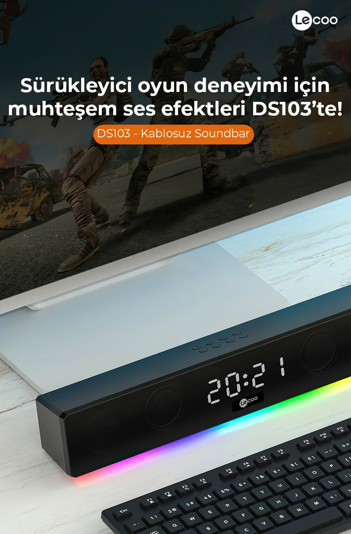 Lecoo DS103 Kablosuz Bluetooth 10W RGB Saat/Alarm Stereo Soundbar Hoparlör Siyah