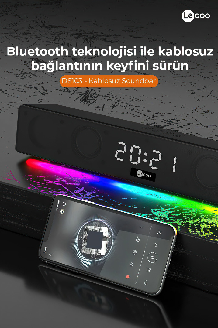 Lecoo DS103 Kablosuz Bluetooth 10W RGB Saat/Alarm Stereo Soundbar Hoparlör Siyah