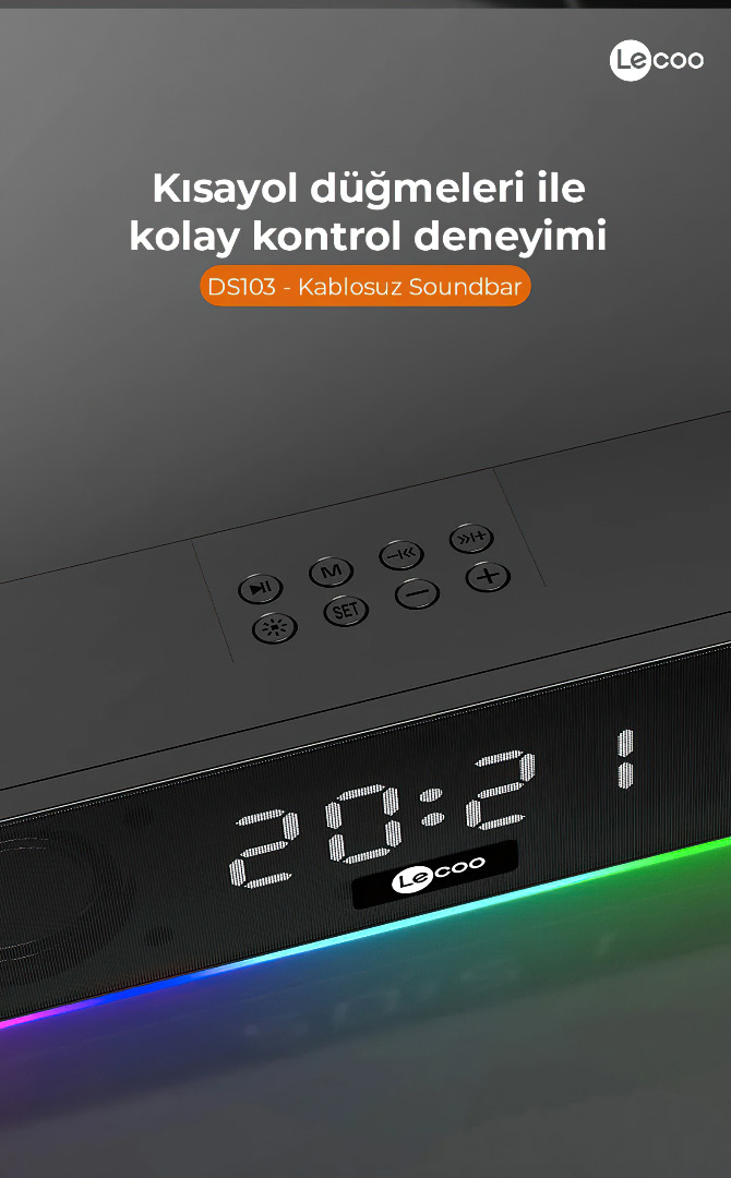 Lecoo DS103 Kablosuz Bluetooth 10W RGB Saat/Alarm Stereo Soundbar Hoparlör Siyah