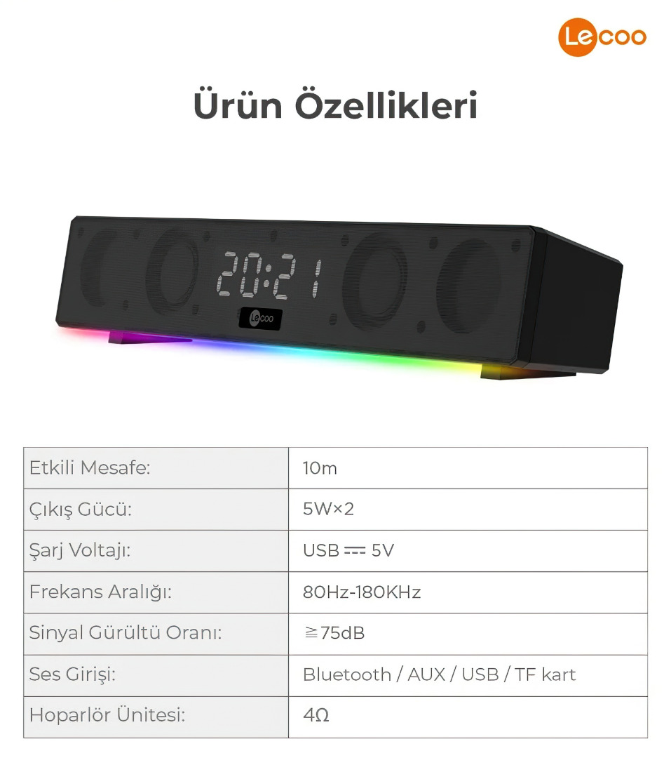Lecoo DS103 Kablosuz Bluetooth 10W RGB Saat/Alarm Stereo Soundbar Hoparlör Siyah