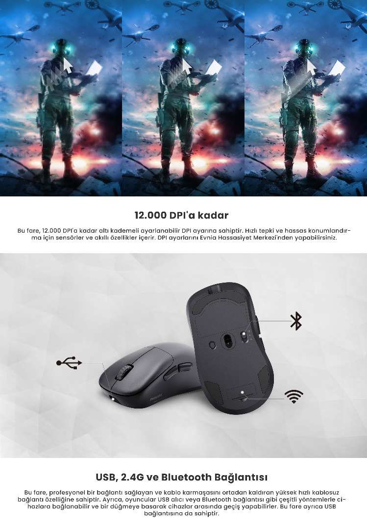 Philips Evnia SPK9418W Kablosuz Bluetooth Dual-Mode 12000 DPI Şarjlı Gaming Mouse (Beyaz)