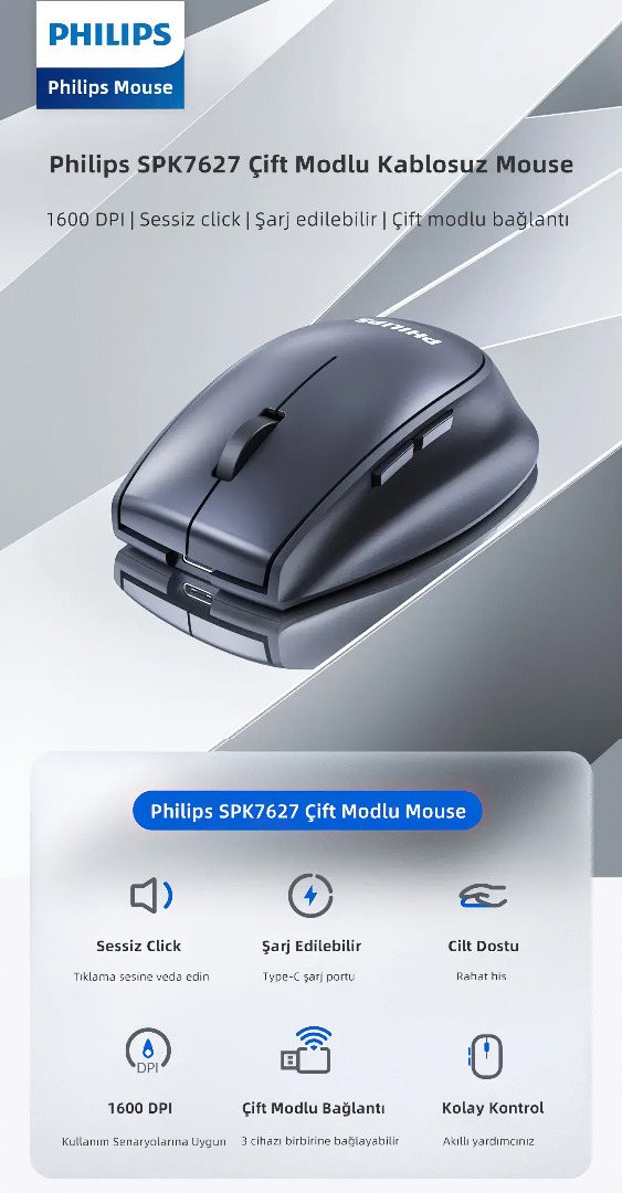 Philips SPK7627 Kablosuz Bluetooth Dual Mod Sessiz Optik Mouse - 1600 DPI, 5 Tuş, Şarjlı, Gri