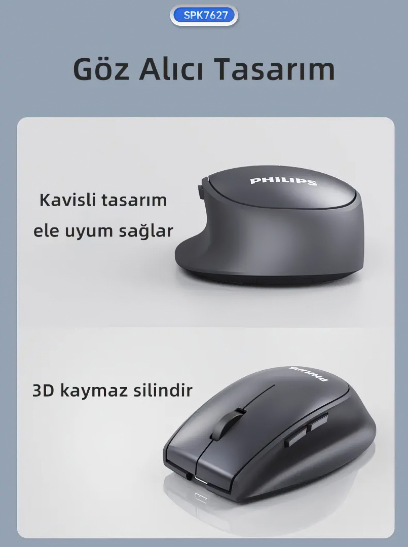 Philips SPK7627 Kablosuz Bluetooth Dual Mod Sessiz Optik Mouse - 1600 DPI, 5 Tuş, Şarjlı, Gri