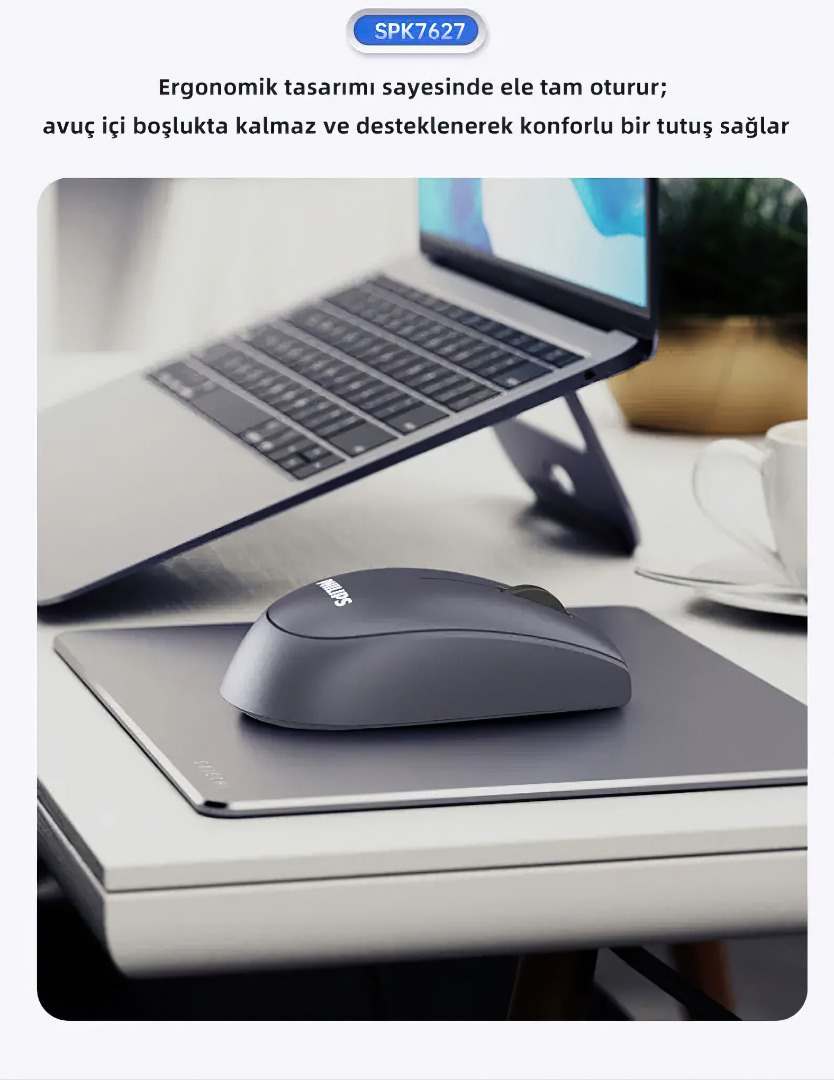 Philips SPK7627 Kablosuz Bluetooth Dual Mod Sessiz Optik Mouse - 1600 DPI, 5 Tuş, Şarjlı, Gri