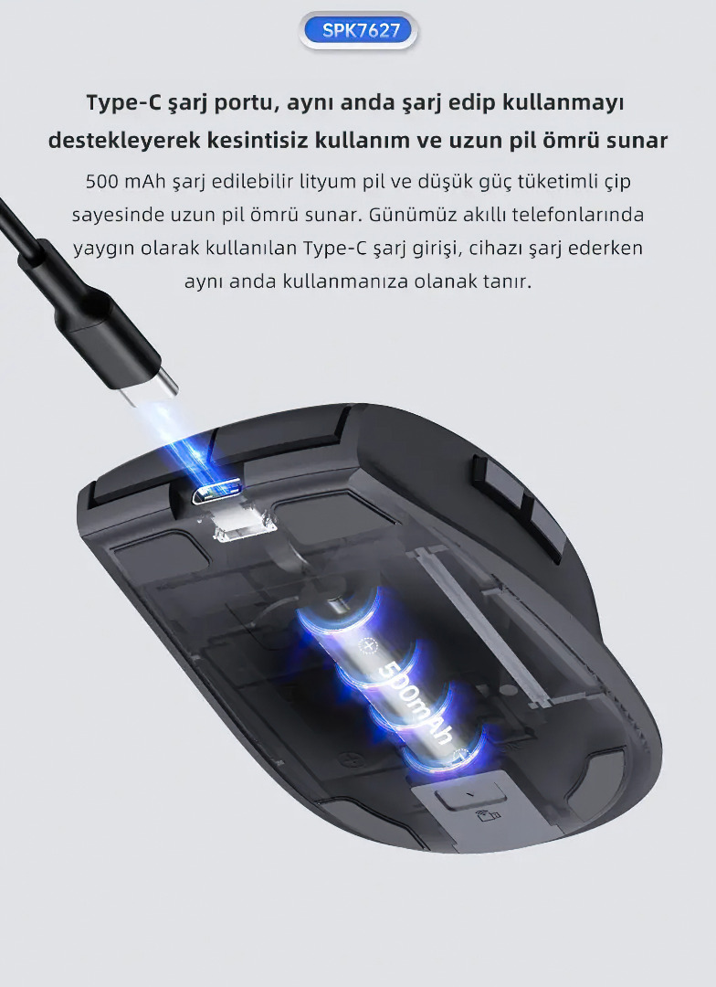 Philips SPK7627 Kablosuz Bluetooth Dual Mod Sessiz Optik Mouse - 1600 DPI, 5 Tuş, Şarjlı, Gri