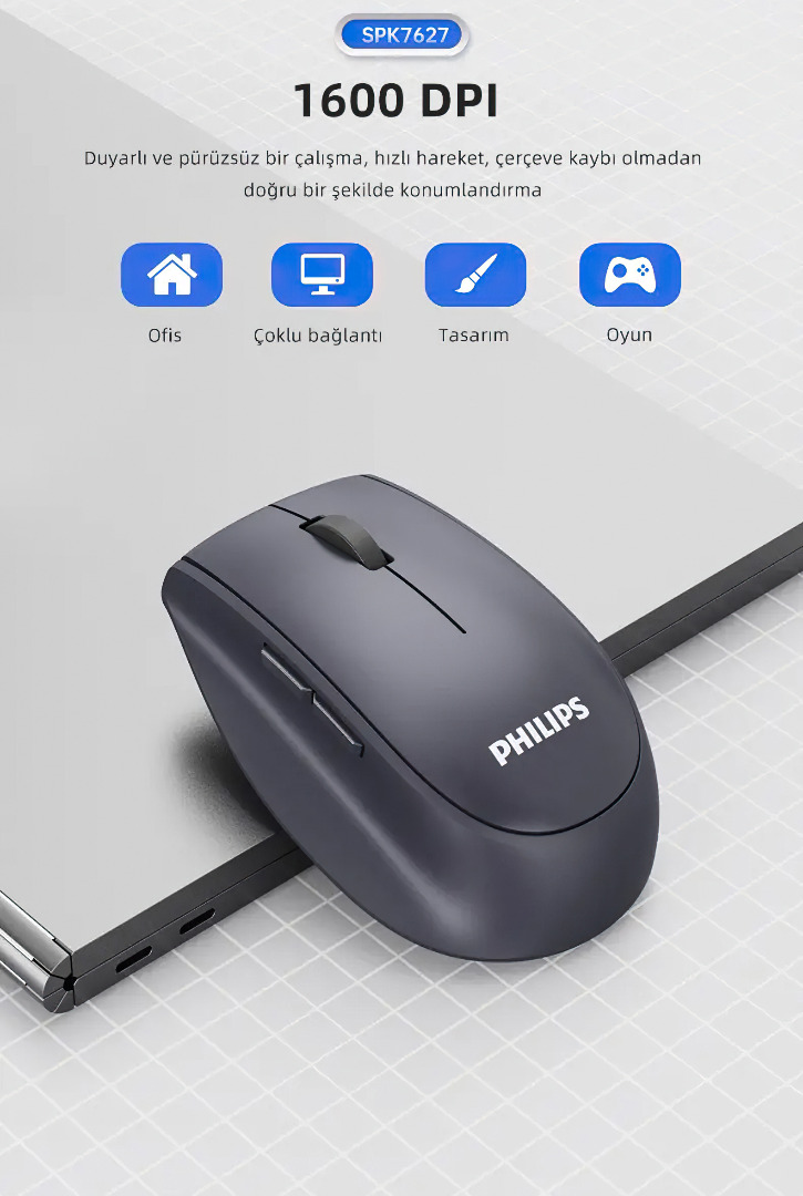 Philips SPK7627 Kablosuz Bluetooth Dual Mod Sessiz Optik Mouse - 1600 DPI, 5 Tuş, Şarjlı, Gri