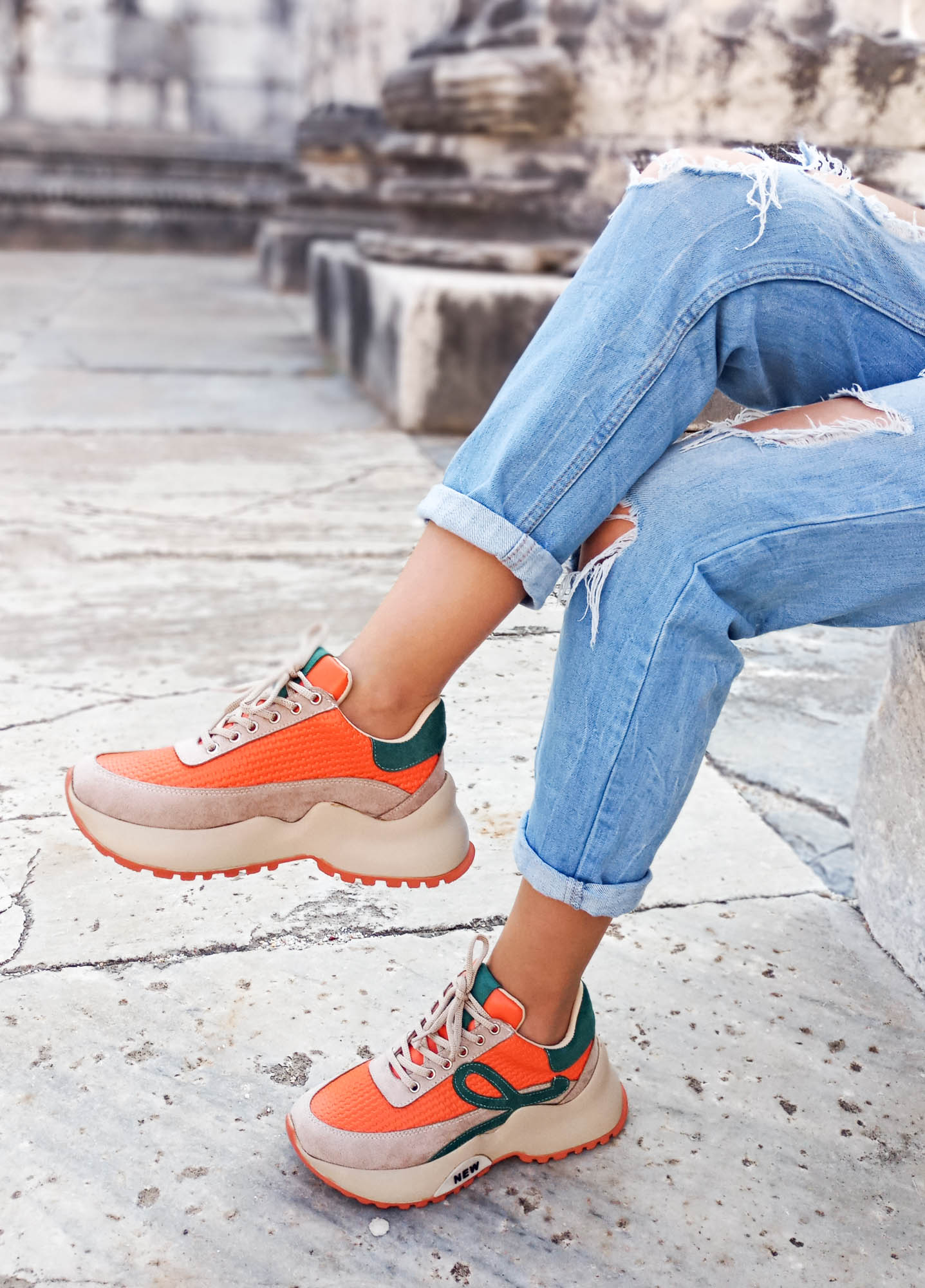 GDT Ayakkabı Turuncu Renk Bağcıklı Düz Taban  Kadın Spor Ayakkabı