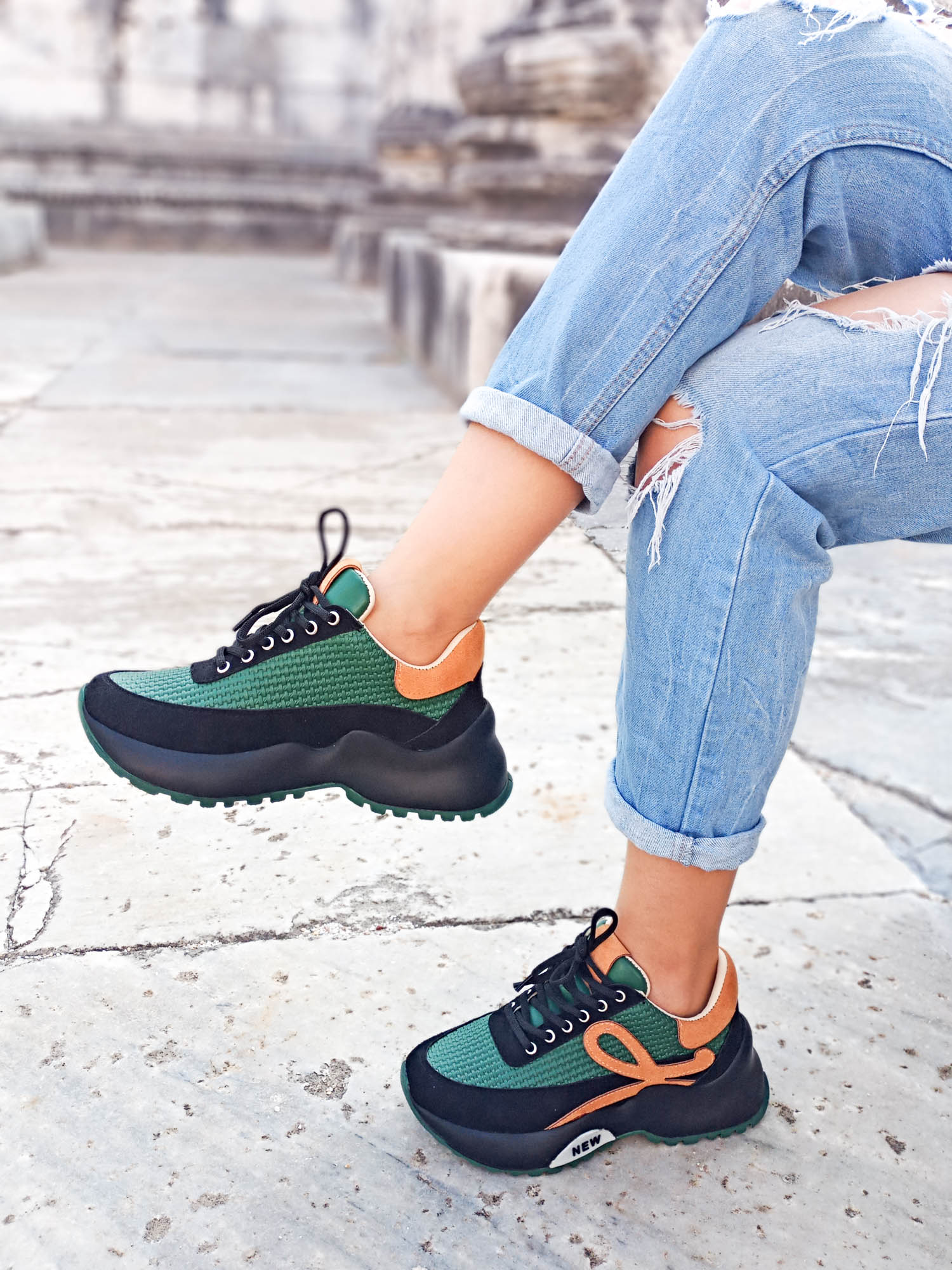GDT Ayakkabı Yeşil Renk Bağcıklı Düz Taban  Kadın Spor Ayakkabı