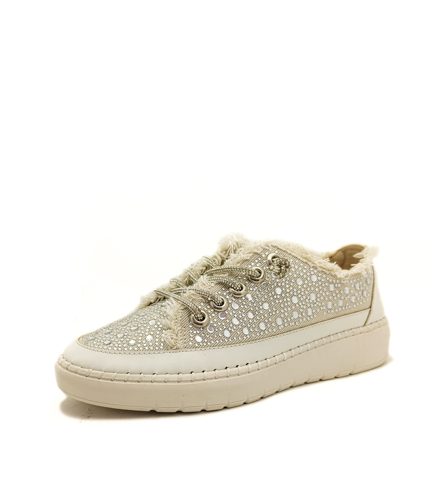 Bej Renk Taş Betaylı Bağcıklı Düz Taban Kadın Kot Sneakers