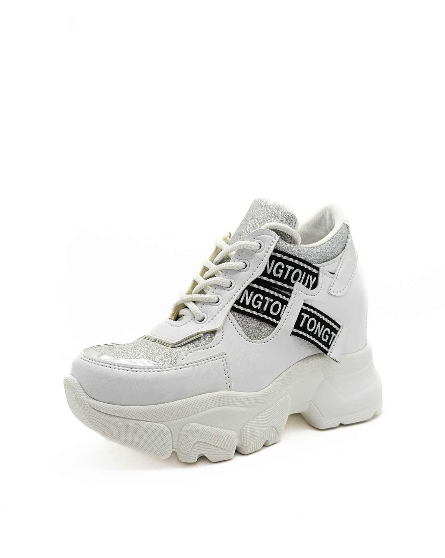 Beyaz Renk Gümüş Simli Cilt Gizli Dolgu Topuk 36-40 Numara Kadın Sneakers