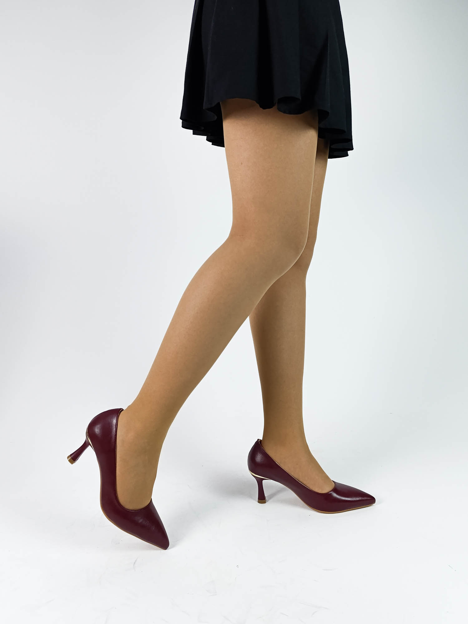 Bordo Renk Yumuşak Cilt Deri İnce Kadeh Topuk Sivri Burun Kadın stiletto