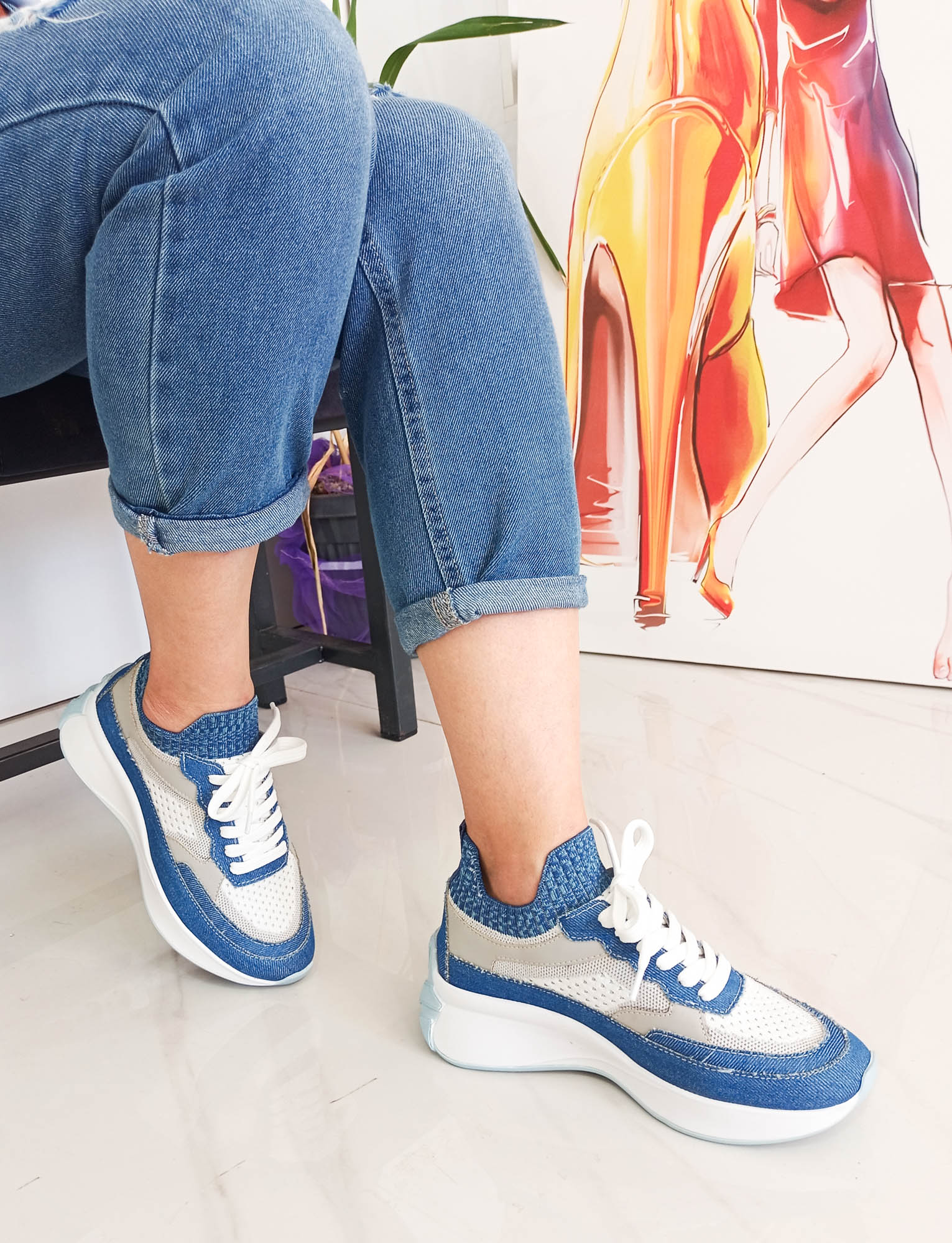Mavi Renk Kot Triko Malzeme Bağcıklı Kadın sneakers