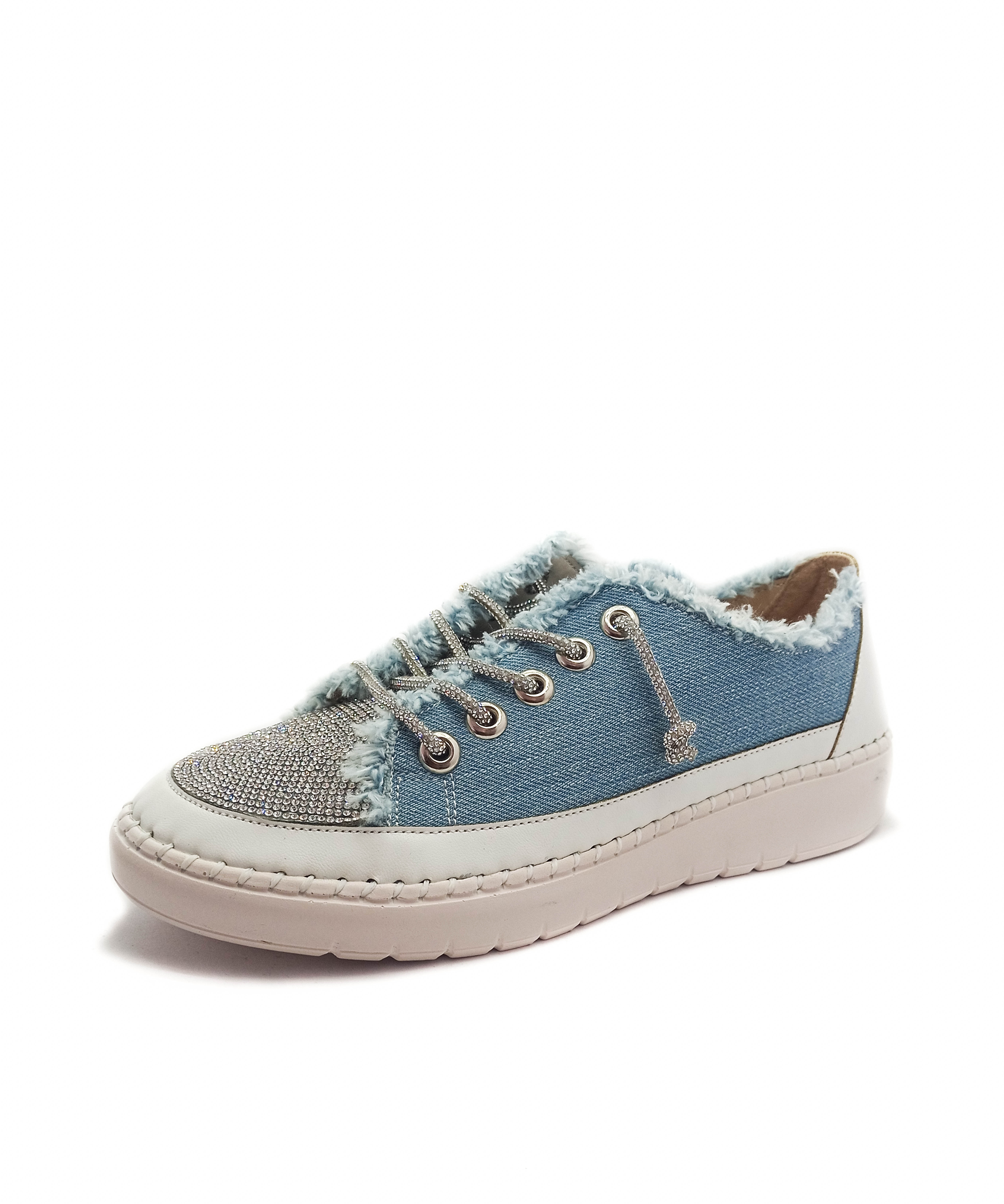 Mavi Renk Taşlı Düz Taban Kadın Kot Sneakers