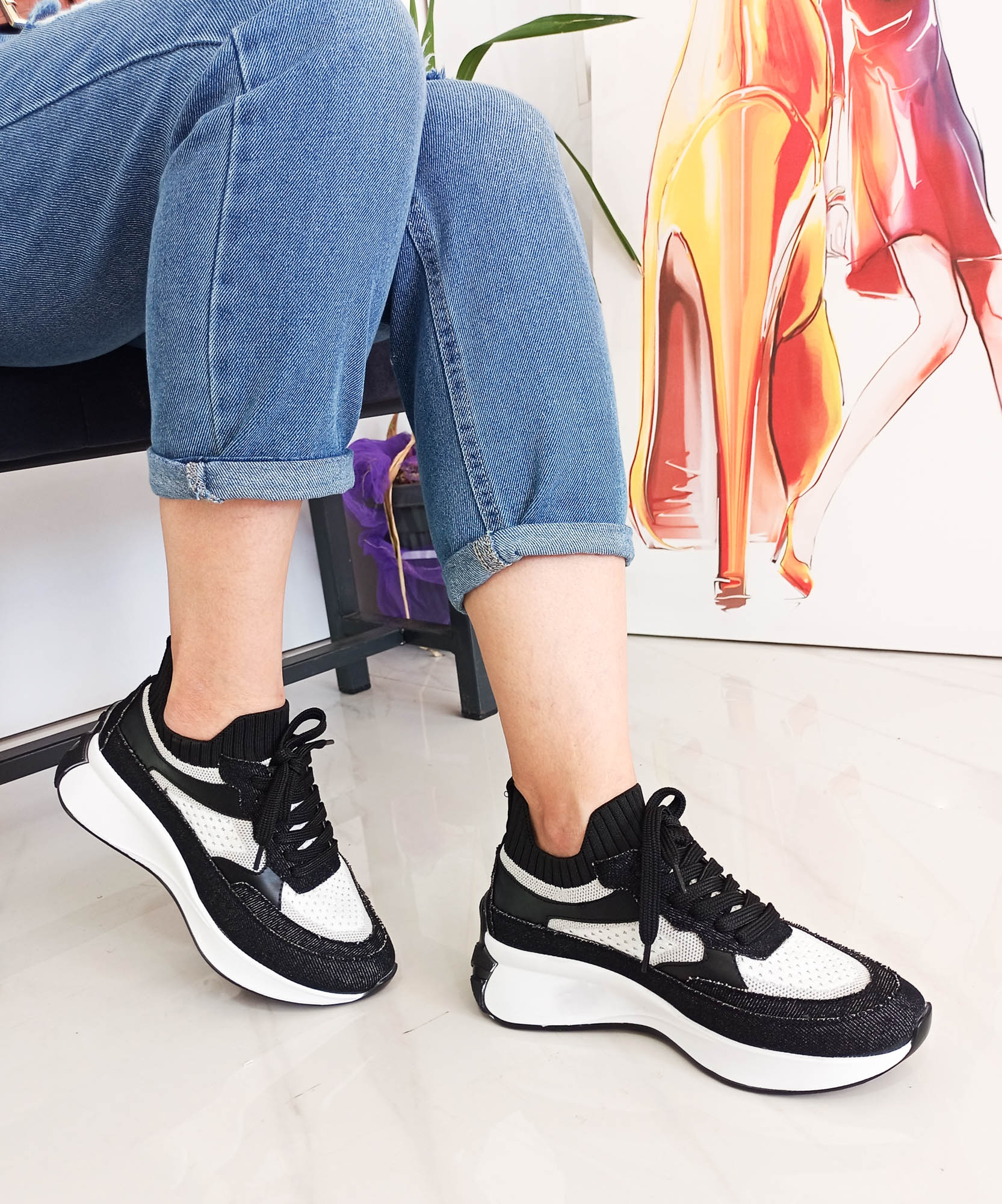 Siyah Renk Kot Triko Malzeme Bağcıklı Kadın sneakers