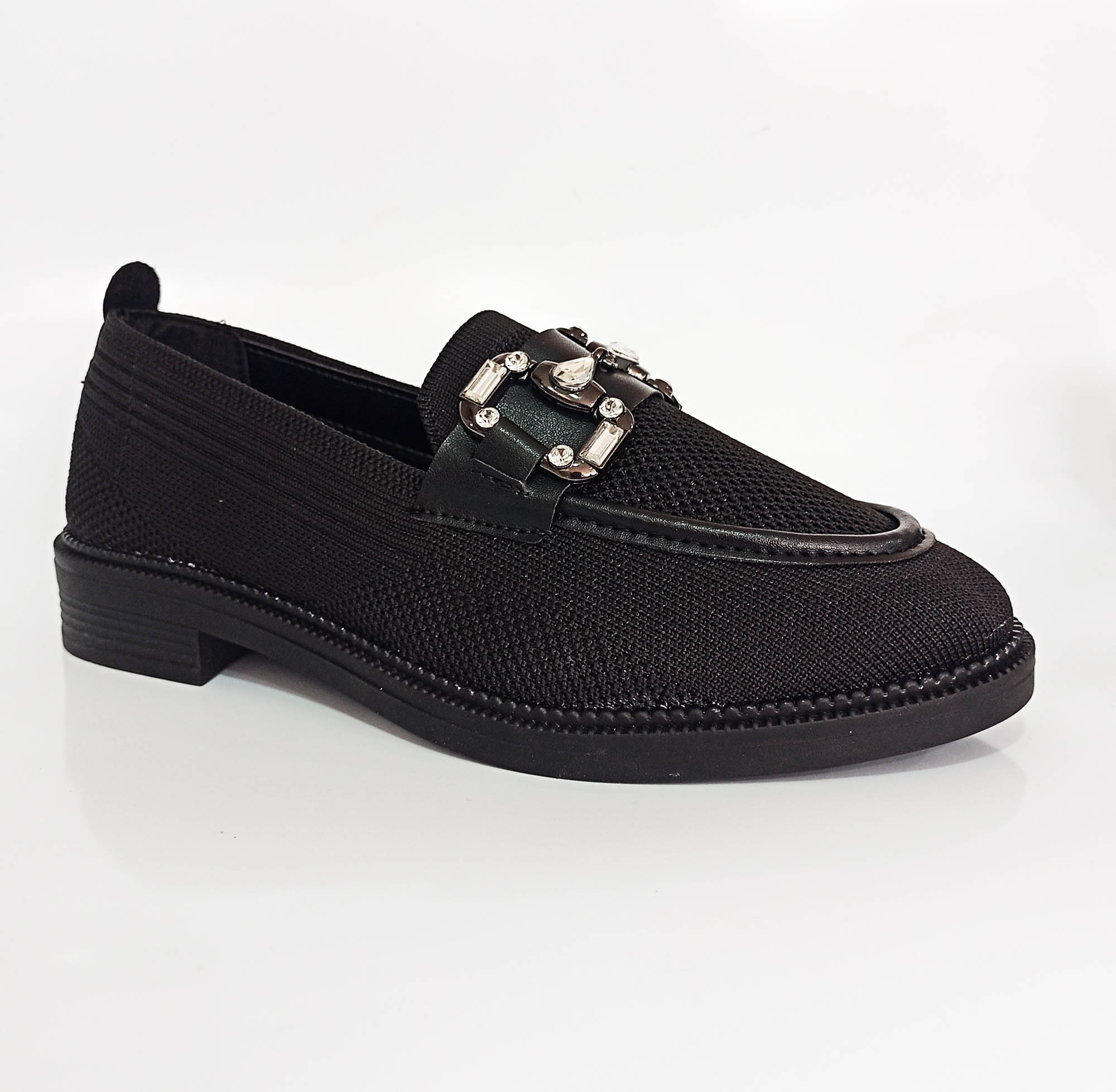 Siyah Renk Triko Kalın Taban Taşlı Kadın Loafer Ayakkabı