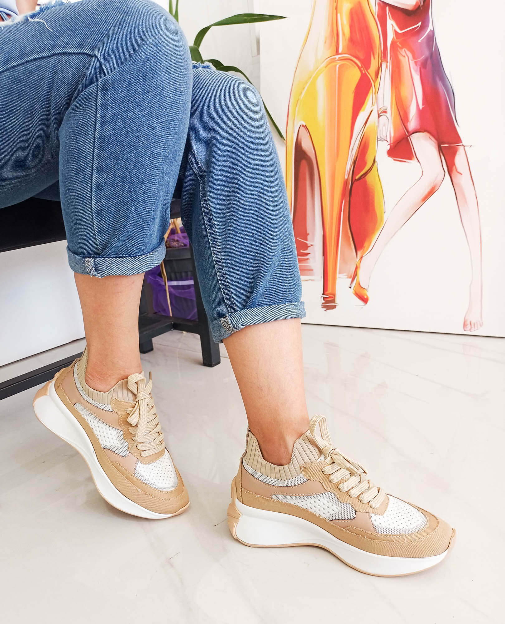 Ten Renk Kot Triko Malzeme Bağcıklı Kadın sneakers