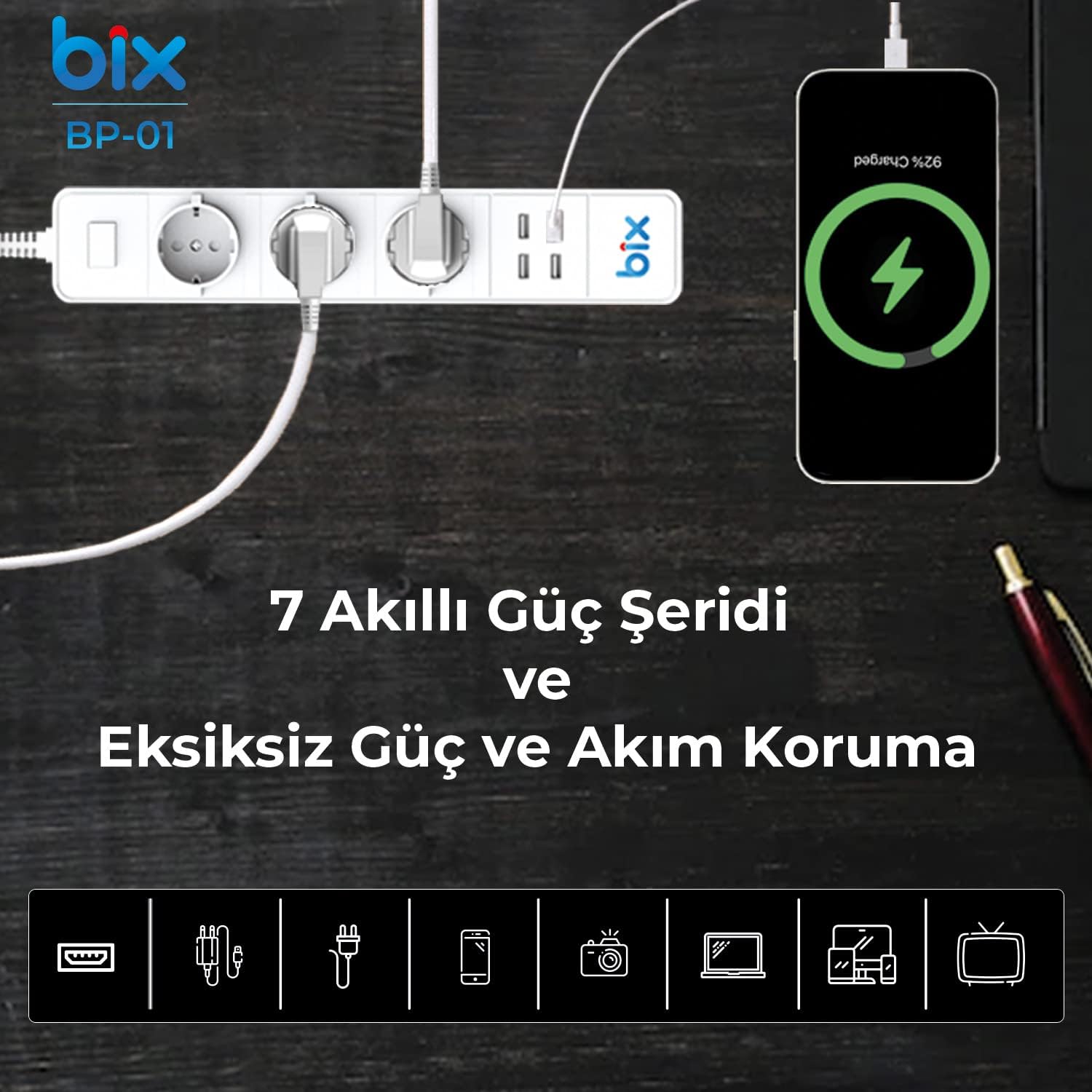 Bix BP-01 Akım Korumalı WiFi Akıllı Priz - Hızlı Şarj Destekli, 3 Priz + 4 USB Çıkışı