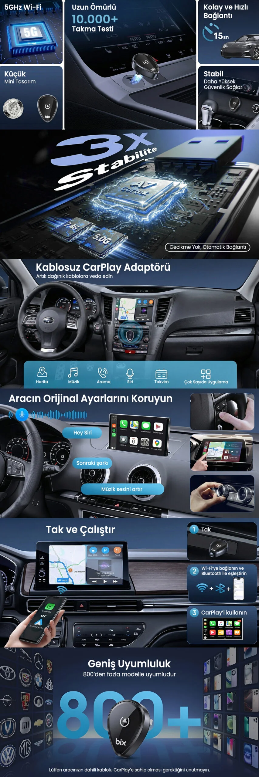 Bix CB01 2.4G/5G WiFi CarPlay Android Auto Kabloludan Kablosuza Çevirici USB Adaptör