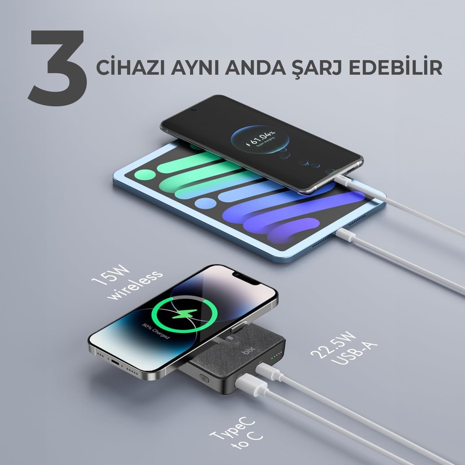 Bix PB105 10000MAH Stand Özellikli PD20W Type-C Usb-A ve 15W Kablosuz Hızlı Şarj Destekli LED Göstergeli powerbank siyah