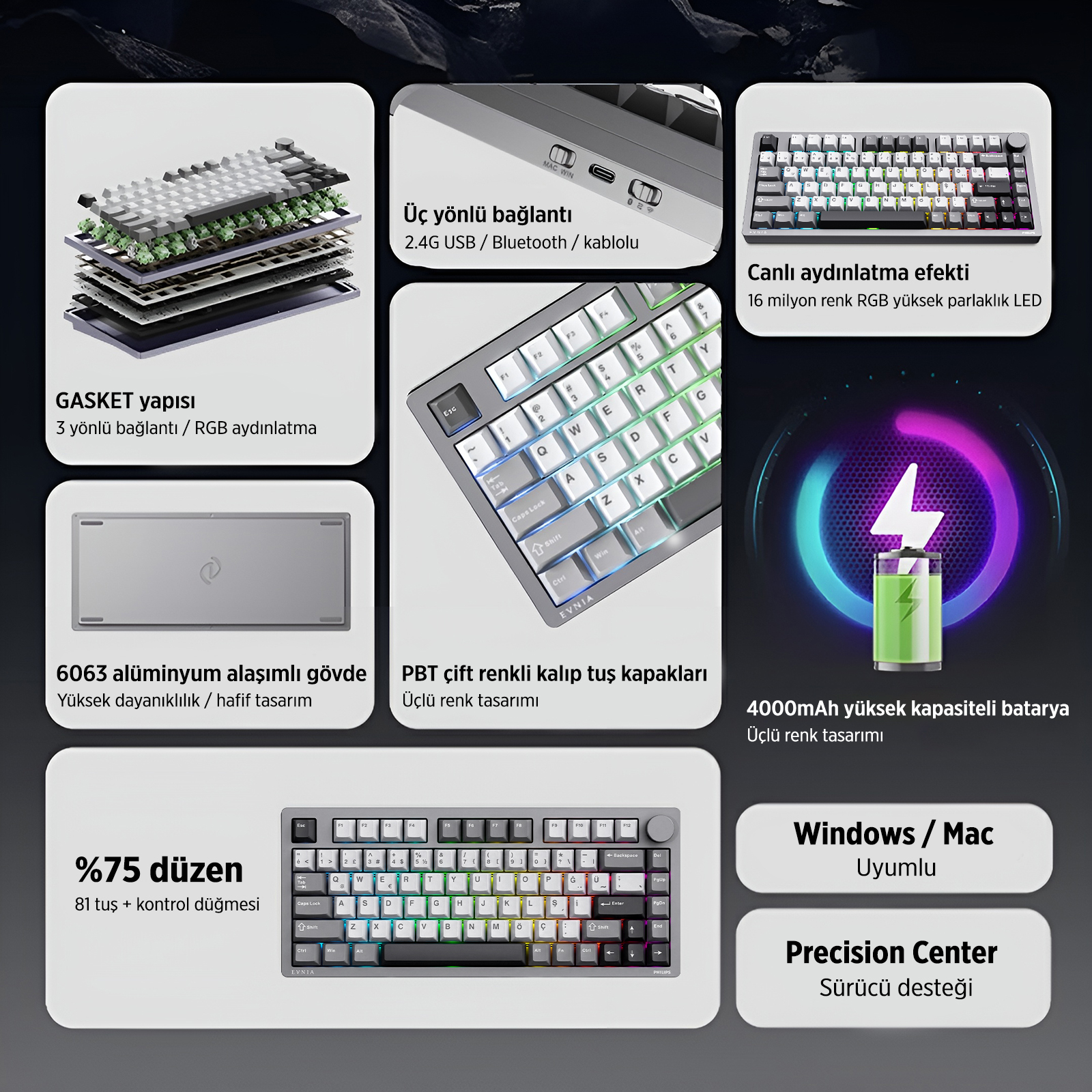 Philips EVNIA SPK8618 Mekanik RGB 81 Tuş USB / Bluetooth / 2.4G Kablosuz Oyuncu Klavyesi - Gri