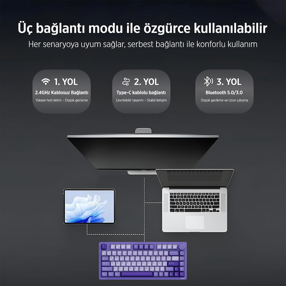 Philips EVNIA SPK8618 Mekanik RGB 81 Tuş USB / Bluetooth / 2.4G Kablosuz Oyuncu Klavyesi - Mor